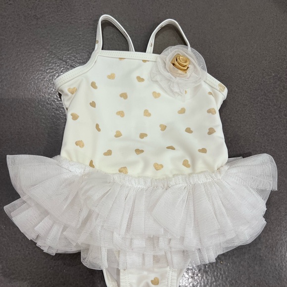 Little Me one piece swimsuit white with gold hearts and tulle ruffle 6-9 months - Picture 1 of 3